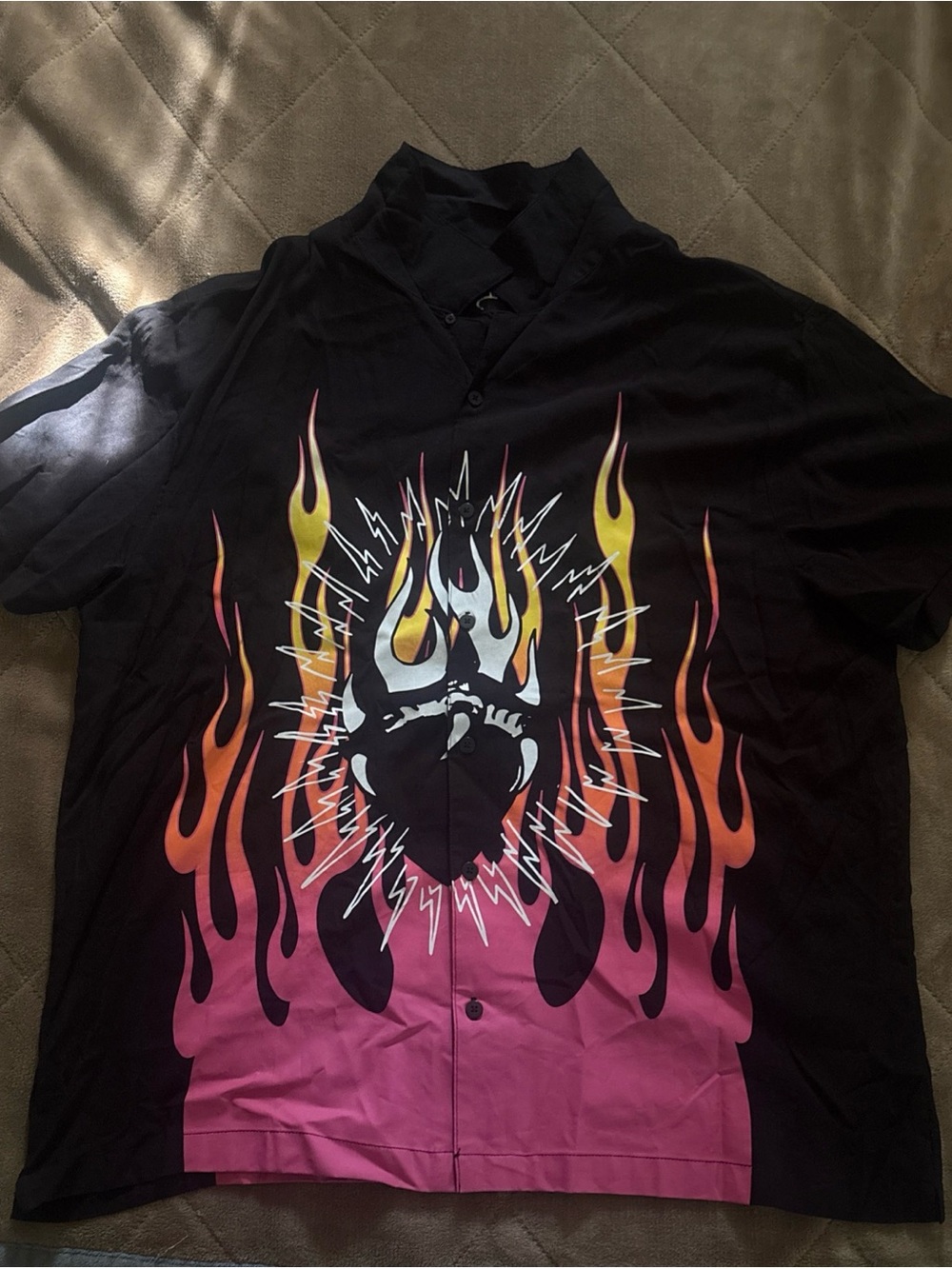 Vintage Ed Hardy Mens Flame Graphic Short Sleeve Button Up Shirt Black Pink XXL